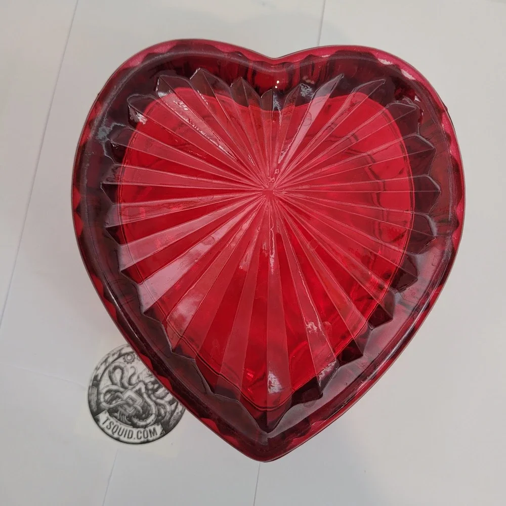 Vintage Heart Pressed Glass Dish Ruby Red Ribbed Sunburst Base Trinket Love 5.5